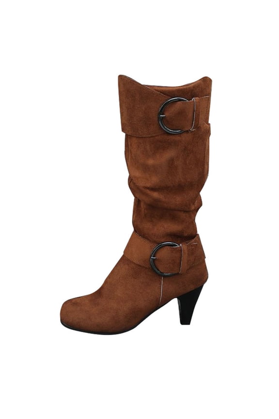 Brown Women'S Fashionable Knee High Boots Round Toe Buckle Strap Casual Comfortable Versatile Stylish Elegant Fall Winter Trendy Boots 1.2 Lb