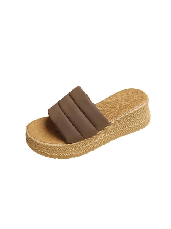 Brown Women'S Fish Mouth Wedge Shoes, Solid Color Thick Bottom For Summer Casual