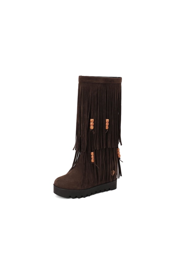 Brown Women'S High Top Boots Ethnic Beaded Tassel Low Heel Round Toe Fashionable Casual Comfortable Versatile Soft Lightweight Walking Boots For Women 1.84 Lb