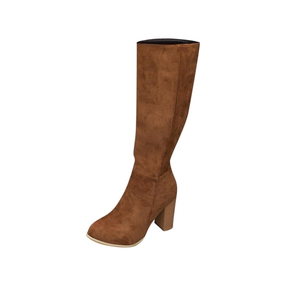 Brown Women'S Knee-High Boots With Side Zipper And Thick Heel, Designed For Winter Wear And All-Day Support