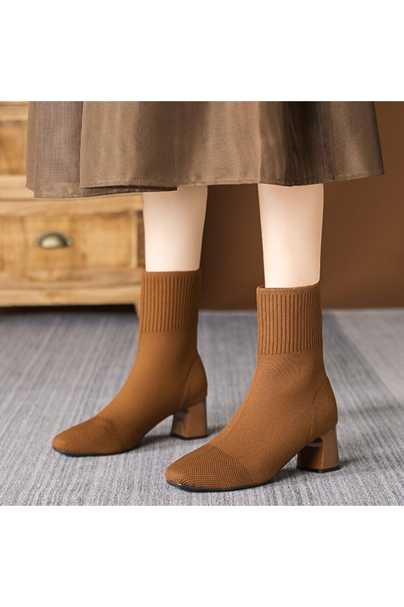 Brown Women'S Knitted Sock Ankle Boots Pointed Toe Chunky High Heel Elastic Solid Color Fashion Casual Shoes Size 37 Eu Weight 1.04 Lb