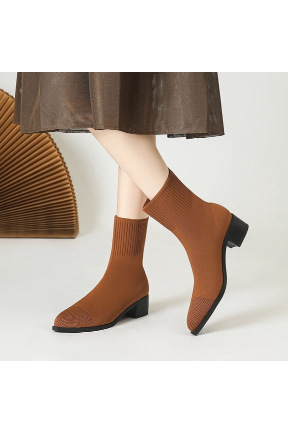 Brown Women'S Knitted Sock Ankle Boots Pointed Toe Chunky High Heel Elastic Solid Color Fashion Casual Shoes Size 42 Eu Weight 1.57 Lb