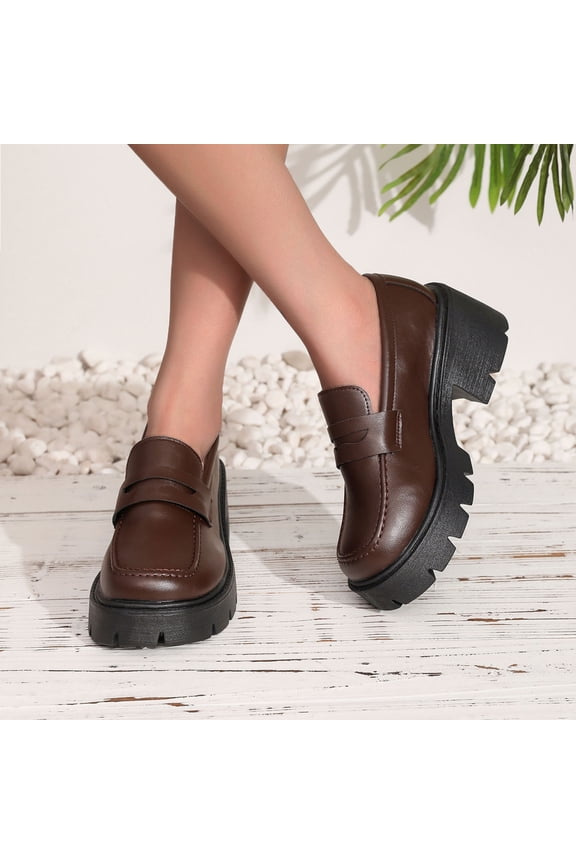 Brown Women'S Loafers All Season Thick Sole Chunky Heel Height Boosting Solid Color Round Toe Fashionable Casual Light Soft Daily Shoes Size 37