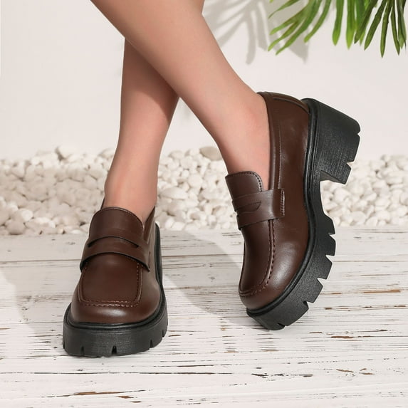Brown Women'S Loafers All Season Thick Sole Chunky Heel Height Boosting Solid Color Round Toe Fashionable Casual Light Soft Daily Shoes Size 43
