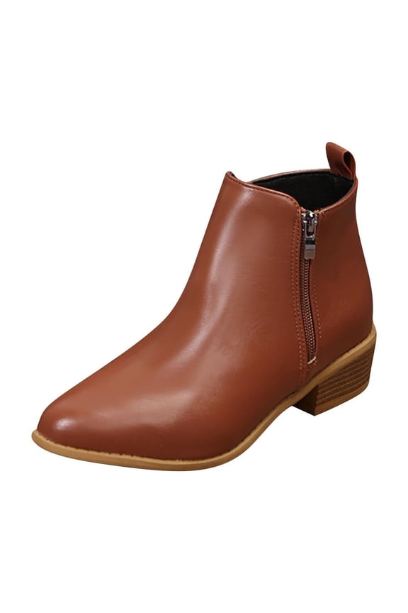 Brown Women'S Low Heel Booties With A Pointed Toe Side Zipper Closure Chunky Sole For Support And Style