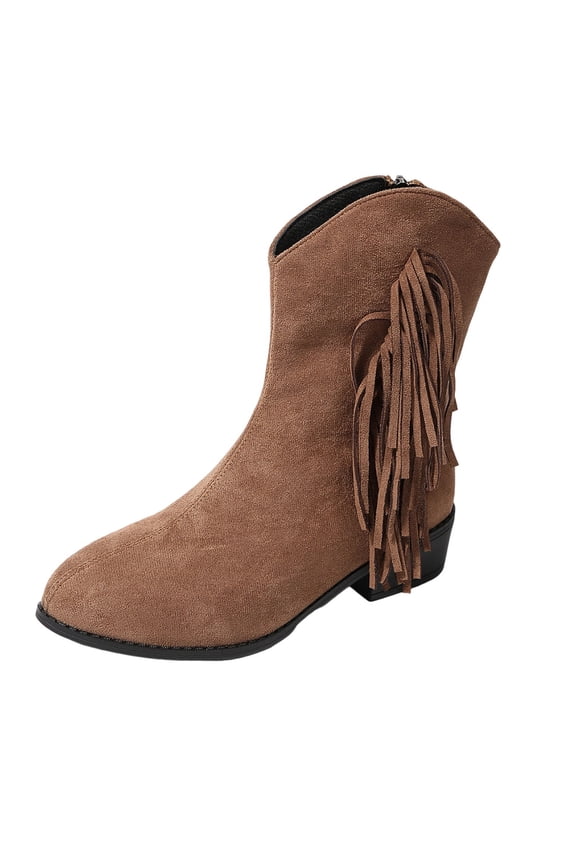Brown Women'S Mid-Calf Boots Featuring A Side Zipper, Tassel Ornament, And A Comfortable Chunky Heel For All Day