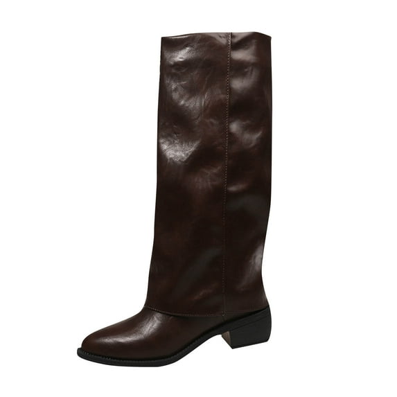 Brown Women'S Mid-Calf Boots Winter Booties Chunky Heel Thick Sole Pull ...