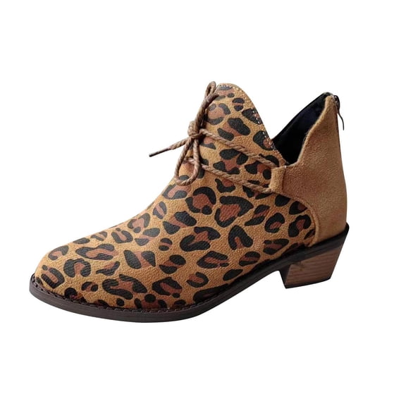 Brown Women S Plus Size Leopard Print Splicing Thick Heel Ankle Boots With Secure Design For Outdoor Indoor