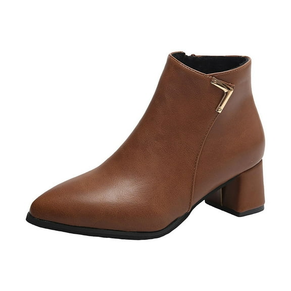 Brown Women'S Pointed Toe Side Zipper Ankle Boots Chunky Mid Heel British Style Comfortable Boots For Everyday Wear And Work Settings
