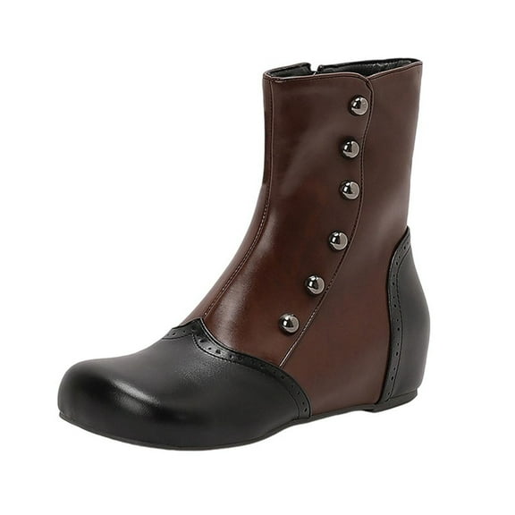 Brown Women'S Round Toe Flat Boots With Color Block Style For Winter Casual Wear Pu Leather Comfortable And Versatile