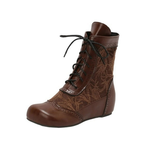 Brown Women'S Round Toe Flat Boots With Lace-Up Detailing For Winter Casual Wear Pu Leather Comfortable And Versatile