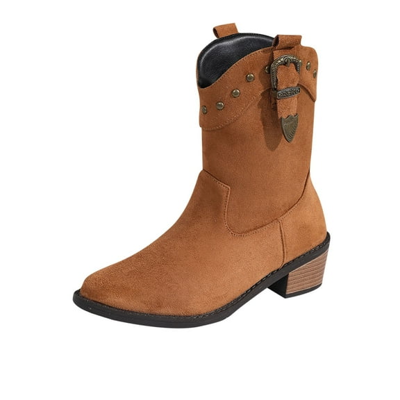 Brown Women'S Short Barrel Ankle Boots Thick Sole With Round Toe And Mid-Heel Design For Winter Wear Flock Material Comfort Fit