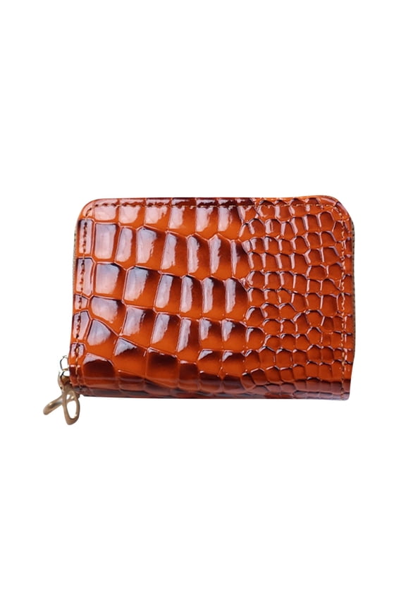 Brown Women'S Short Zipper Wallet Crocodile Embossed Solid Color Multi-Function Card Holder Casual Lightweight Coin Purse For Daily Use Size Free Size