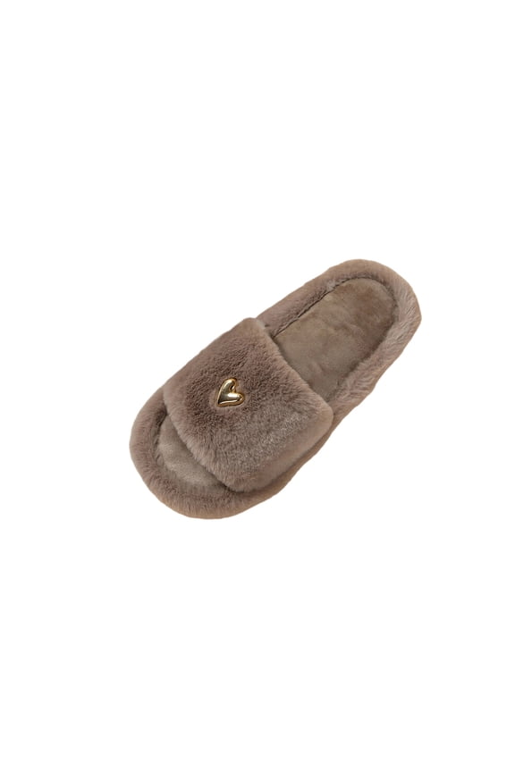 Brown Women'S Slippers Heart Metal Decor Plush Lining Flat Soft Sole Anti Slip Comfortable For Indoor Home Wear Fall Winter Casual Daily Footwear Size 38