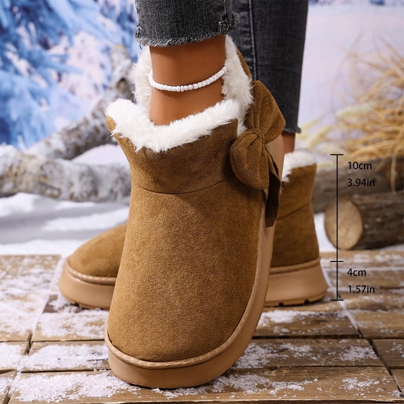 Brown Women'S Snow Boots Winter Fleece Lining Bow Detail Durable Upper Thick Sole Slip Resistant Versatile Warm Casual Outdoor Wear Size 42