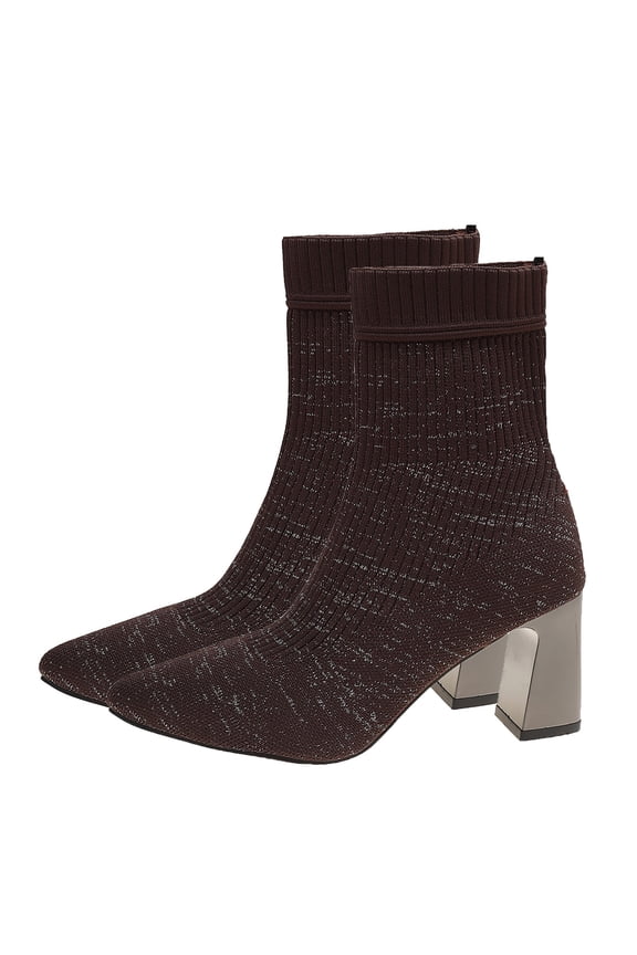 Brown Women'S Socks Boots Winter Knitted Stretch Pointed Toe Chunky Heel Ankle Boots Casual Non-Slip Warm Outdoor Footwear Size 42