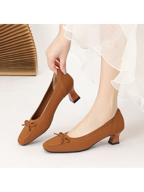 Brown Women'S Solid Color Bowknot Knit Square Toe Pumps Casual Chunky Heel Slip-On Comfortable Versatile Footwear For All Seasons Size 41