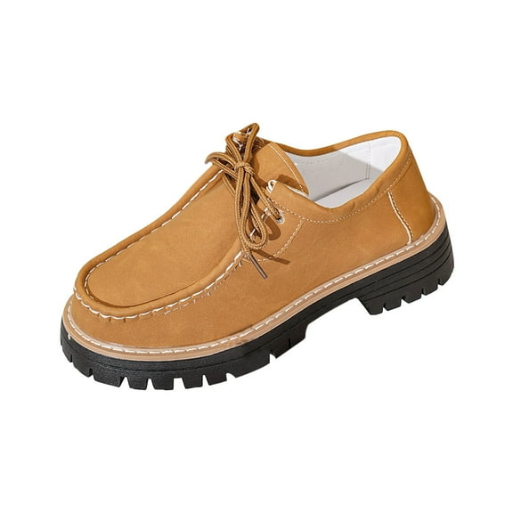 Brown Women'S Versatile Shoes With Lace-Up Frosted Round Toe And Thick Heel Feature Ideal For Casual Outings And Chic Moments