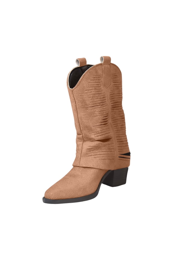 Brown Women'S Vintage Western Style Pointed Toe Chunky Heel Flared Leg Boots Mid Calf Boots Comfortable Non-Slip Winter Shoes - Weight 1.32 Lb