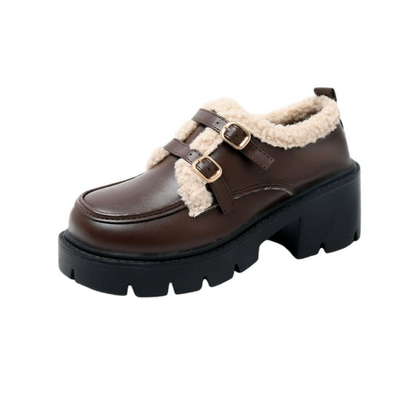 Brown Women'S Warm Loafers One Foot Round Toe Thick Heel Mid Heel For Winter Leisure And Work With Supportive Design Easy To Maintain