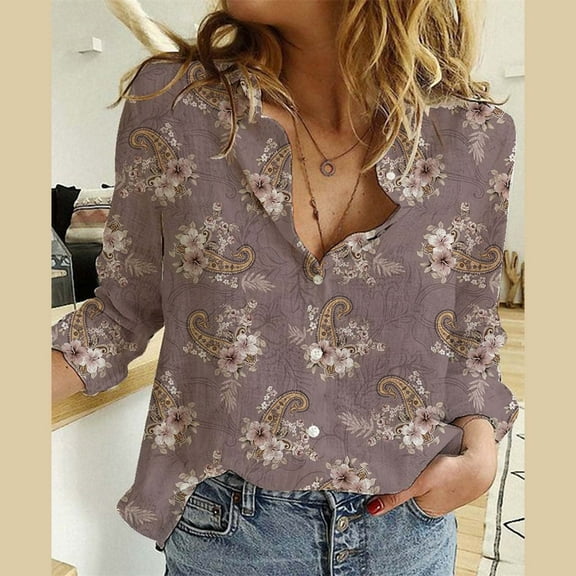 Brown Women Shirts, Flower Print Button Down Long Sleeve Shirt For Women Casual Floral V Neck Graphic Blouses Tops,Women Shirts S