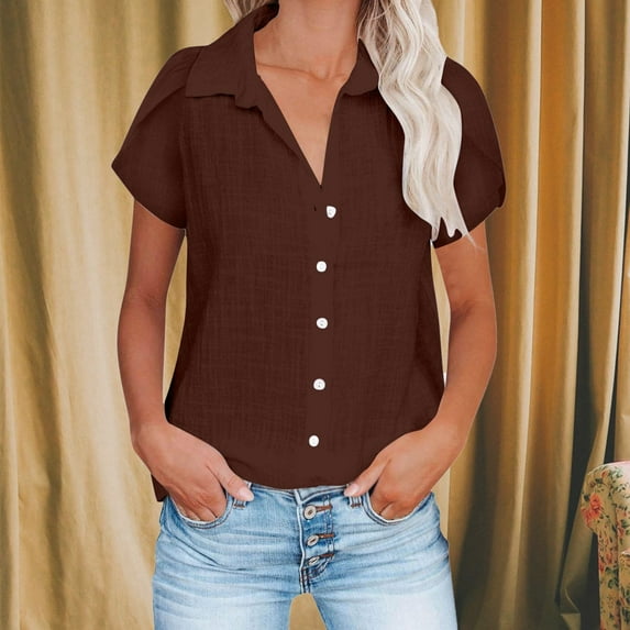 Brown Women Shirts, Short Sleeve Shirts For Women Casual Summer 2025 Collared Down Cotton Linen Tops Loose Fit Blouse Clothing,Women Shirts XXL