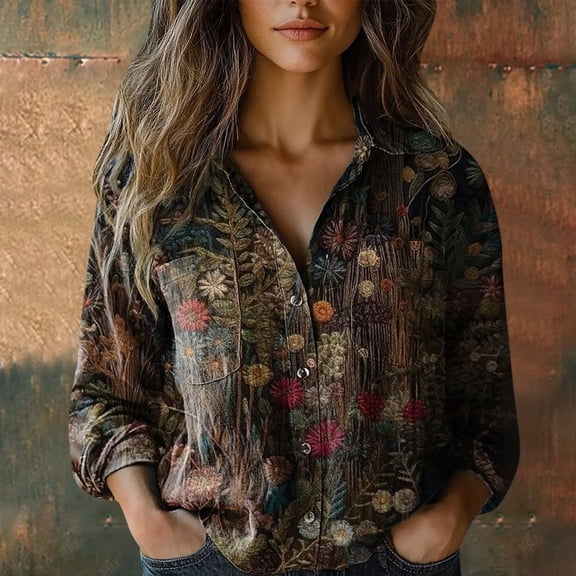 Brown Women Shirts, Women Cotton Shirt Printed Fashion Button Down Shirts Casual Tops Long Sleeve Blouse,Women Shirts 5XL