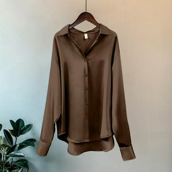 Brown Women Shirts, Womens Summer Sun Casual Loose Button Down Shirts Long Sleeve Solid Color Shirts Tops,Women Shirts XL