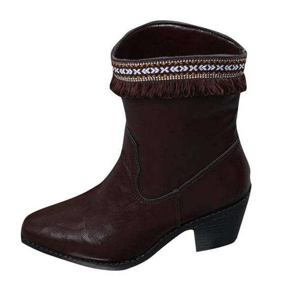 Brown Women Tassel Boots Pointed Toe Block Heel Comfortable For Long Wear Ideal For Fall Winter