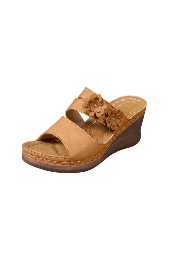 Brown Women Tough Warm Weather Sandals Featuring Ivy Round Toe Open Toe And One Foot Wedge Heel Thick Soled Ideal For Gardening And Landscaping
