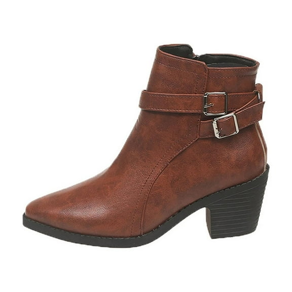Brown Women Winter Boots Pointed Toe Side Zipper Chunky Heel Belt Buckle For Everyday Use