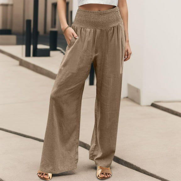 Brown Women's Casual Pants, Linen Pants Women Summer Wide Leg Pants Drawstring Elastic Waist Pants High Waisted Pants Casual Beach Trousers,Women's Casual Pants S