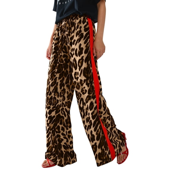 Brown Women's Casual Pants, Women's Leopard Print And Red Drawstring Wide Leg Pant, Brown Women's Casual Pants, Polyester Women's Pants Women's Casual Pants