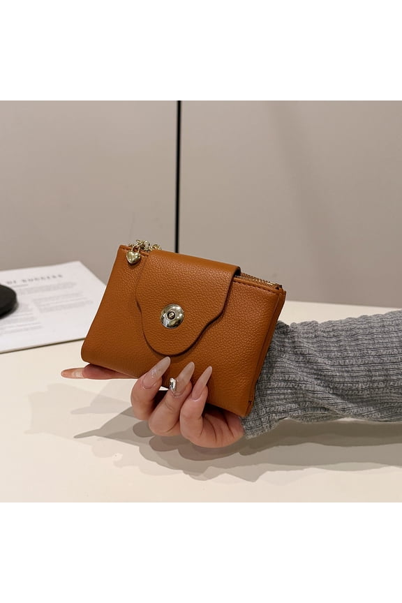 Brown, Women's Coin Purse, Slim Soft Leather Wallet, Double Folding Design, Compact Snap Closure, Solid Color Mini Wallet for Coins and Cash Cards, Modern Style