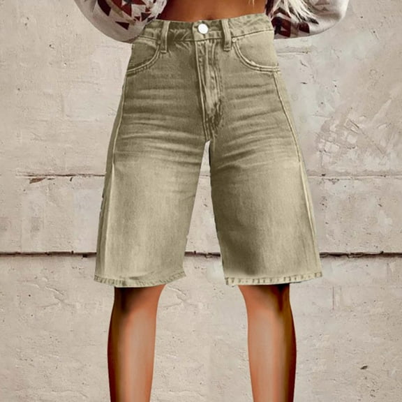 Brown Women's Jeans Flare Denim Shorts for Women Wide Leg Denim Shorts Woman Vintage Floral Print High Waisted Straight Pants with Pockets