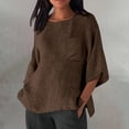 thumbnail image 1 of Brown Women's Long Sleeve T-shirt, Linen Shirts For Women Plus Size 3/4 Length Sleeve Tops Casual Loose Fit Round Neck Tees 2025 Summer Fashion Blouse,Women's Long sleeve T-shirt XXL, 1 of 4