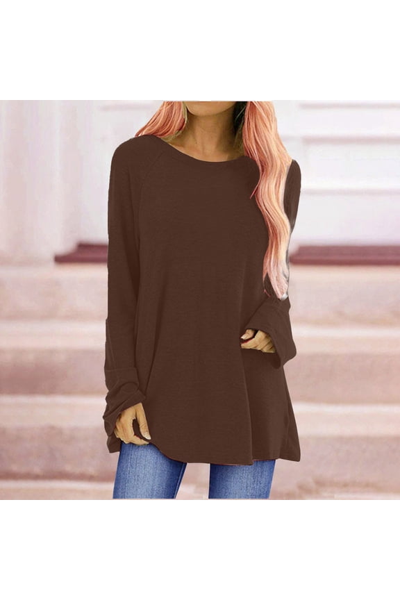Brown Women's Long Sleeve T-shirt, Long Shirt Women'S Long Sleeve Oversize Basic Long Sleeve Pullover Tunic Crew Neck V Neck Long Sleeve Top Casual Plain Tops Spring Summer Cotton Blouses Long Sleeve,
