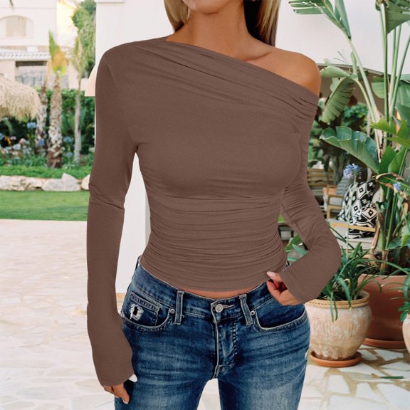 Brown Women's Long Sleeve T-shirt, Women Long Sleeve Off Shoulder Tops Trendy Cowl Neck Going Out Shirt For Fall,Women's Long sleeve T-shirt M