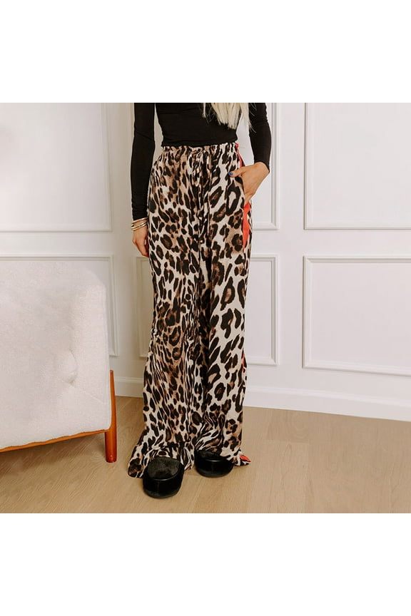 Brown Women's Pants Women's Leopard Print and Red Wide Leg Pant with Pocket