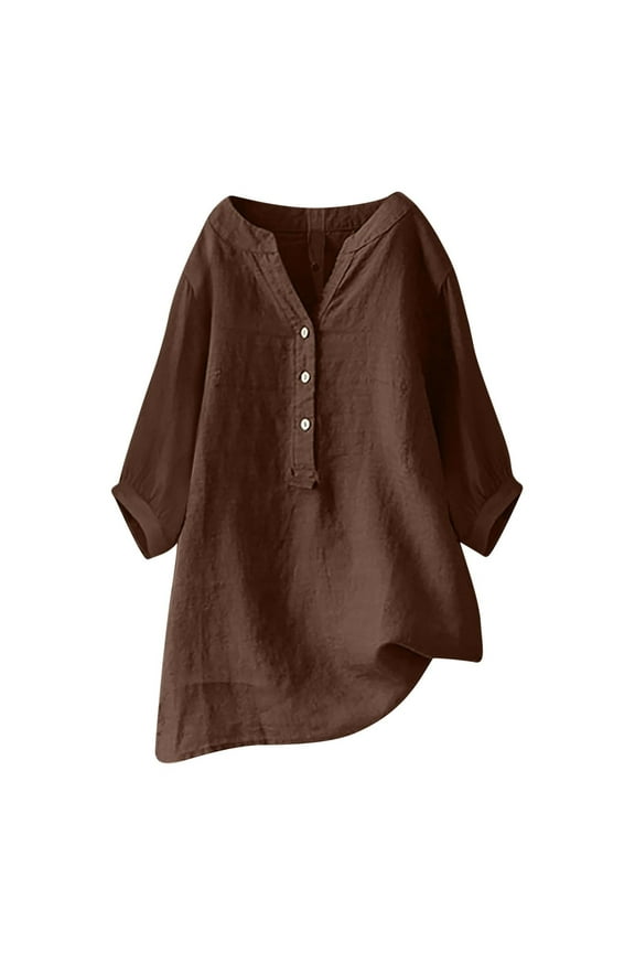 Brown Women's Short Sleeve T-shirt, Loose Button Shirt Stand Up Collar Solid Color 7 Sleeve Neck Casual Women'S T Shirt,Women's Short sleeve T-shirt XXL