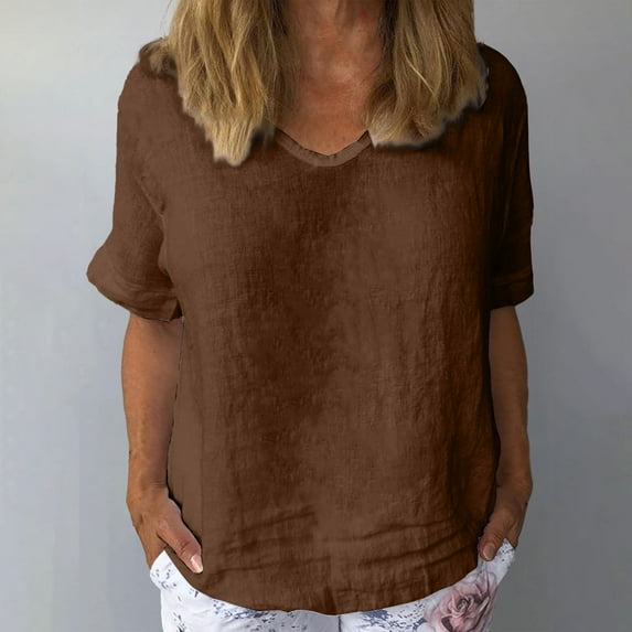 Brown Women's Short Sleeve T-shirt, Women Cotton And Linen Flower Art Short Sleeve V Neck Clause Shirt,Women's Short sleeve T-shirt M