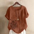 thumbnail image 1 of Brown Women's Short Sleeve T-shirt, Women'S Cotton Linen Shirts Summer Casual Boho Floral Short Sleeve Blouse Oversized Loose Ladies Tunic Tops,Women's Short sleeve T-shirt 5XL, 1 of 5