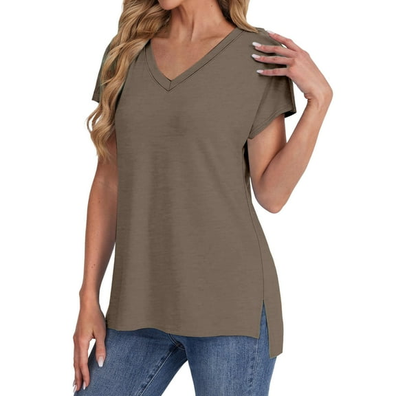 Brown Women's Short Sleeve T-shirt, Womens Summer Daily Casual V Neck Shirts Short Sleeve Tops Blouses Loose Fit Shirt,Women's Short sleeve T-shirt L