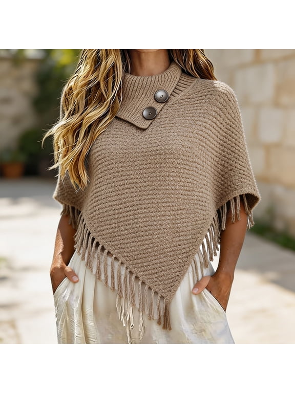 Brown Women's Versatile Knit Shawl Poncho Sweater Button Scarf Elegant Design, Casual Cardigan Shawls, For Evening Dress, Wedding Party, For Spring Fall Winter, Warm Knit Fabric A