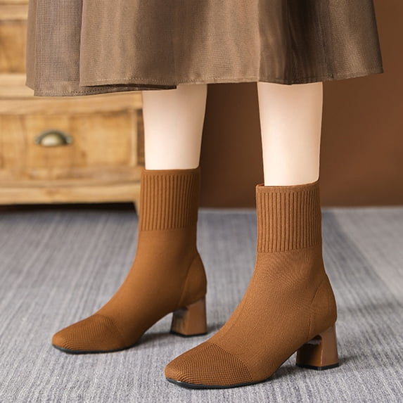 Brown Womens Ankle Sock Boots Solid Color Knit Stretch Casual Pointed Toe Chunky High Heel Warm Comfortable Non Slip Daily Wear Boots Size 36