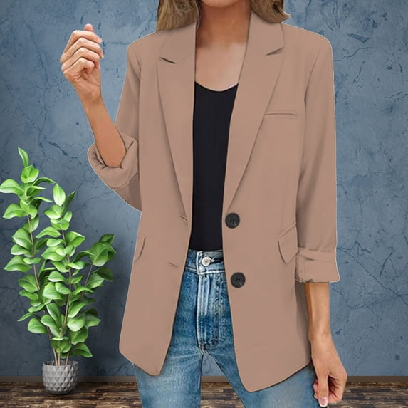 Brown Womens Blazer Jacket Womens Casual Jacket Pockets Long Sleeve Open Front Button Work Lapel Button Jacket Fall Trendy Outfits