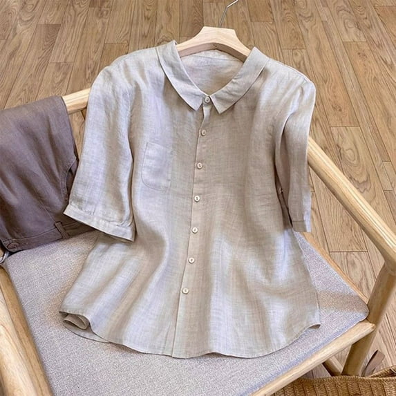 Brown Womens Blouses 3/4 Sleeve Linen Shirts for Women 2025 Cotton Summer Boho Tops Casual Trendy Vacation Blouse Ladies Tops and Blouses