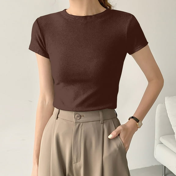 Brown Womens Blouses High Elasticity Screw Thread Cotton Regular Shoulder Round Neck Slimming Tight Short Sleeved T Shirt for Women's Tops Summer Tops for Women