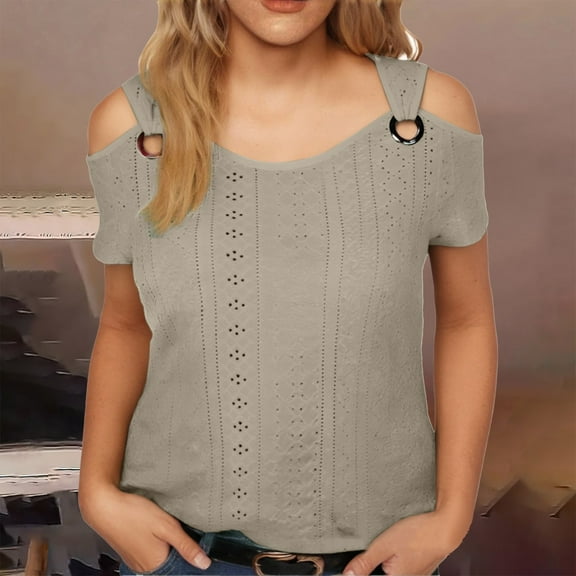 Brown Womens Blouses Summer Tops for Women 2025 Eyelet Cold Shoulder Short Sleeve T Shirts Solid Casual Ring Hollow Top Basic Shirts Tees Ladies Tops and Blouses