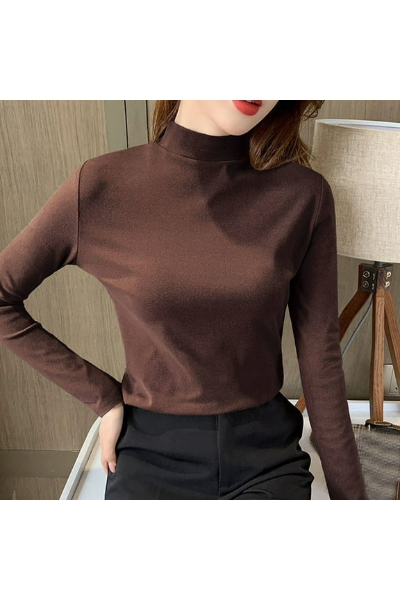 Brown Womens Blouses Women Slim Casual Solid Long Sleeve Mock Turtleneck Blouse Tops Slim Fit Stretchy Layer Tee Shirts Blouses for Women Dressy Casual